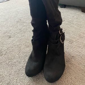 Black mid calf belted suede boot